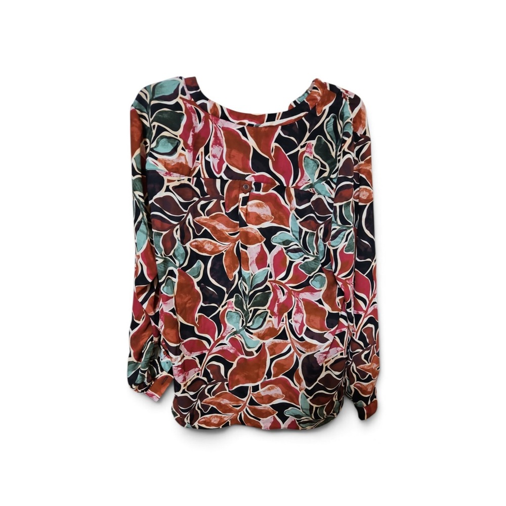 Cato Blouse Plus Size 18/20W Rust Teal Leaf Print V-Neck Long Sleeve Top  0466